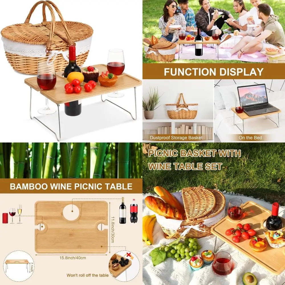 

picnic basket with foldable wine table kit, handmade wicker basket with lid handle portable bamboo tray table for 2 outdoor camp