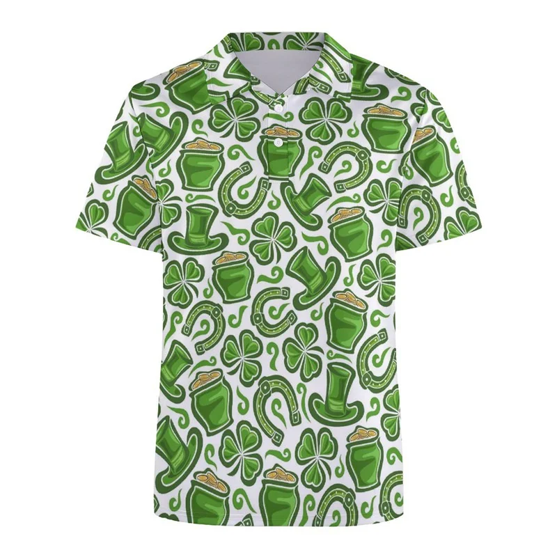 Green Lucky Leaf Pattern Polo Shirt Men St. Patrick's Day 3D Print Short Sleeve T-shirt Women Summer Button Loose Lapel T Shirts