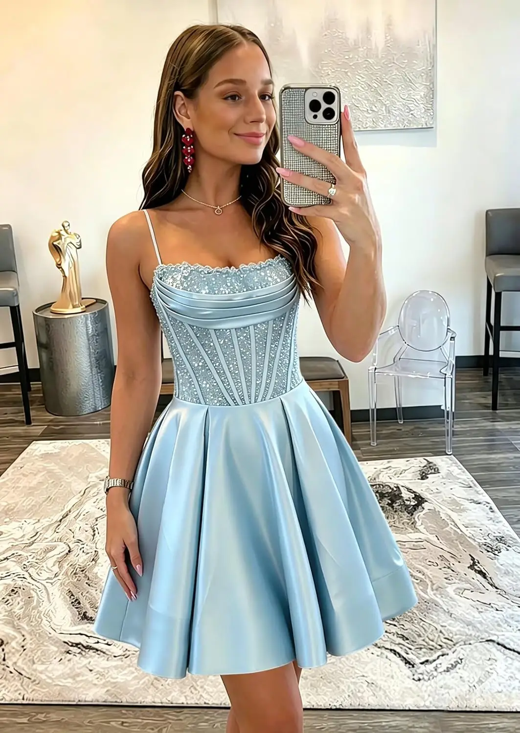 

Sparkly Sequin Corset Satin Homecoming Dresses 2026 Spaghetti Straps A Line HOCO Dress Short Cocktail Party Gown Ball Gown