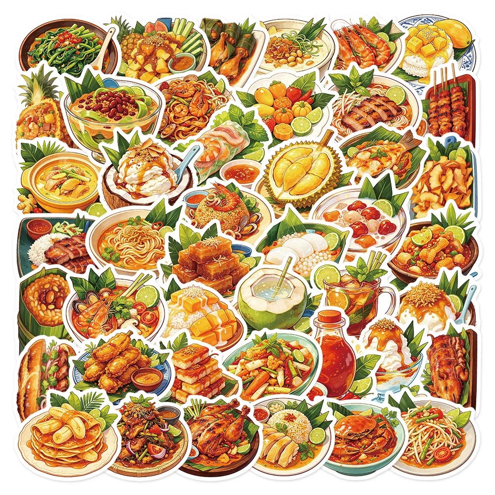 50 PCS Southeast Asian Flavor Snack Food Culture Stickers Fridge Cabinet Lunch Box Thermos Cup Non Repeated Waterproof Fun Decal