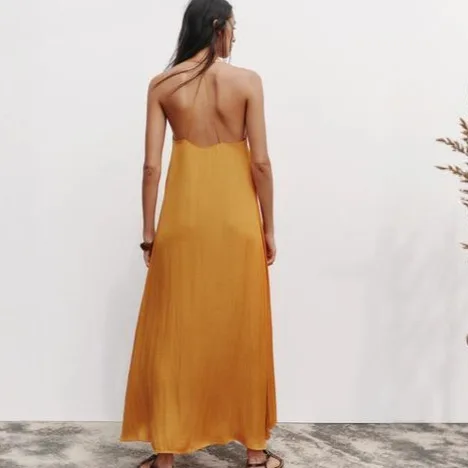 실크 새틴 발 미디 드 여름 패션 액세서리 크로스보더 여성 의류 하이 웨이스트 가운 브이넥 슬림