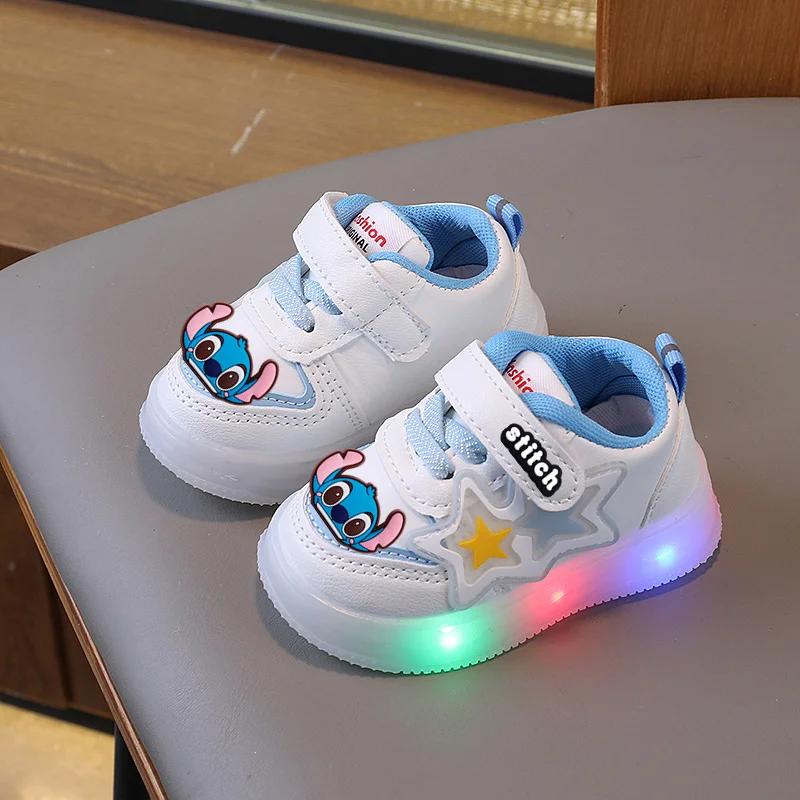 

Stitch Spring fall Mickey Mouse Lights Boys Casual Shoes Soft Sole Baby Toddler Shoes Girls Board Shoes Non-slip first walkers