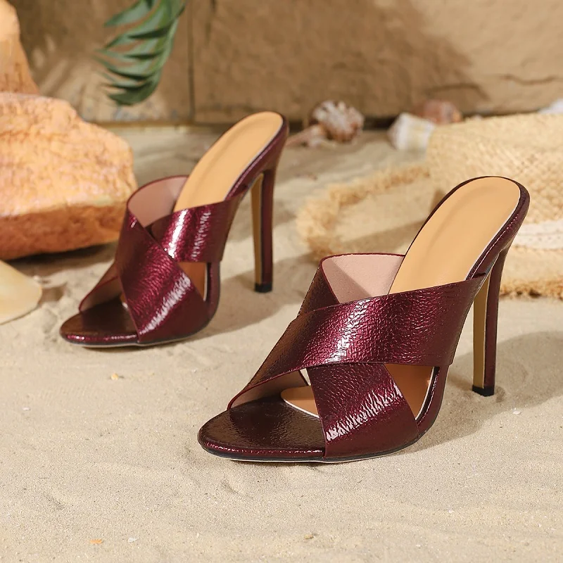 

Women's Open Toe Crisscross Strap Patent Leather Slip on Stiletto Heel Mules Elegant Casual Party Footwear Drop Shipping Fast