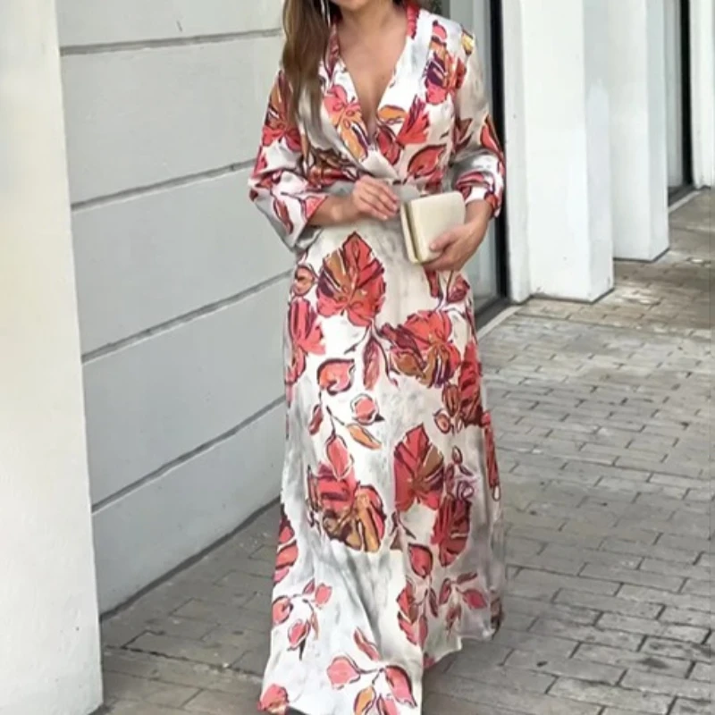 Vestidos longos com estampa floral feminino, Decote V, Maxi, Manga comprida, Cintura alta, Casual, Boho, Elegante, Linha A, Fino, 2024