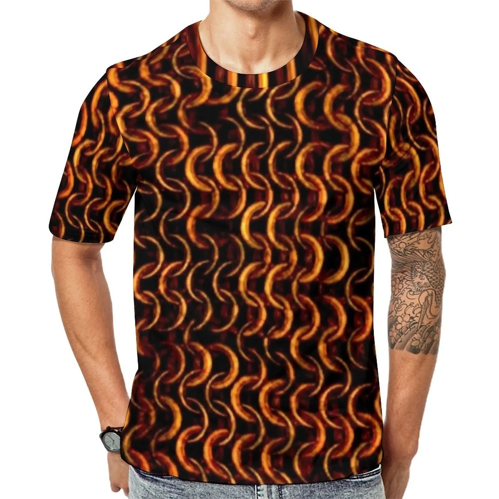 Summer T Shirt Chain Print T-Shirts Colorful Bronze Streetwear Hip Hop Tees For Male Short-Sleeve Design Big Size Clothes