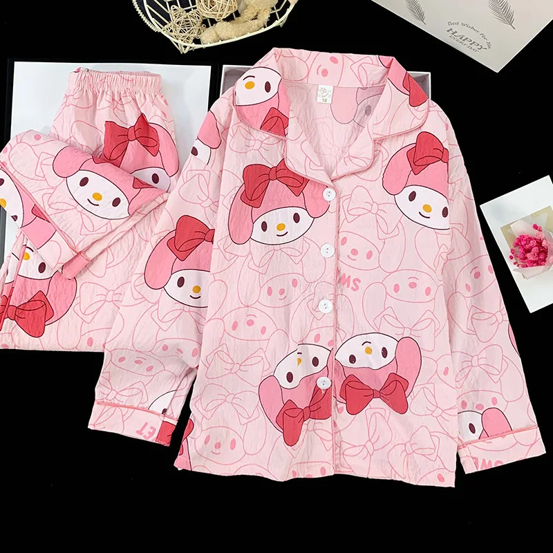 

Cute Kuromi Hello Kitty Melody Cartoon Children Pajamas Set Anime Kawaii Girls Pjs Lapel Long-Sleeved Parent-Child Home Clothes