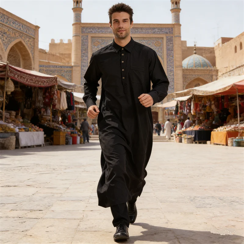 

Мужская длинная рубашка-джубба (тобе) синего цвета в саудовском арабском стиле, с воротником на пуговицах, исламская одежда для Рамадана, повседневная молитвенная абайя, макси-платье для мусульман
