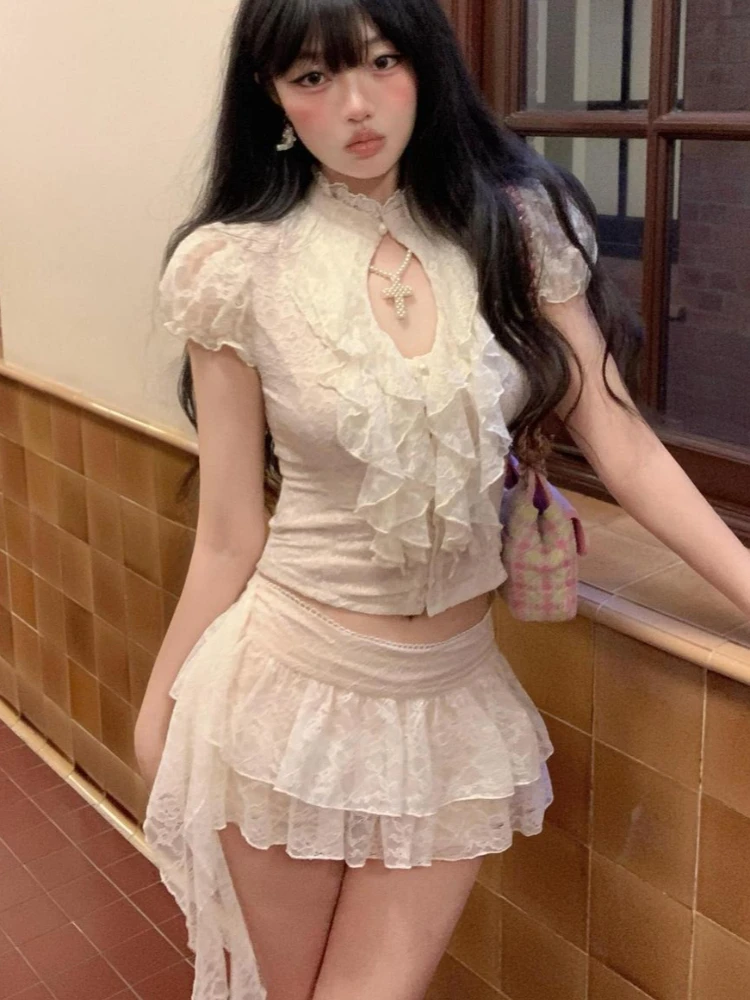

French Princess Lace Ruffle Puff Sleeve Hollow Out High Waist 2 Piece Set Women Slim Fit Cream White Mini Skirt Top Party Outfit