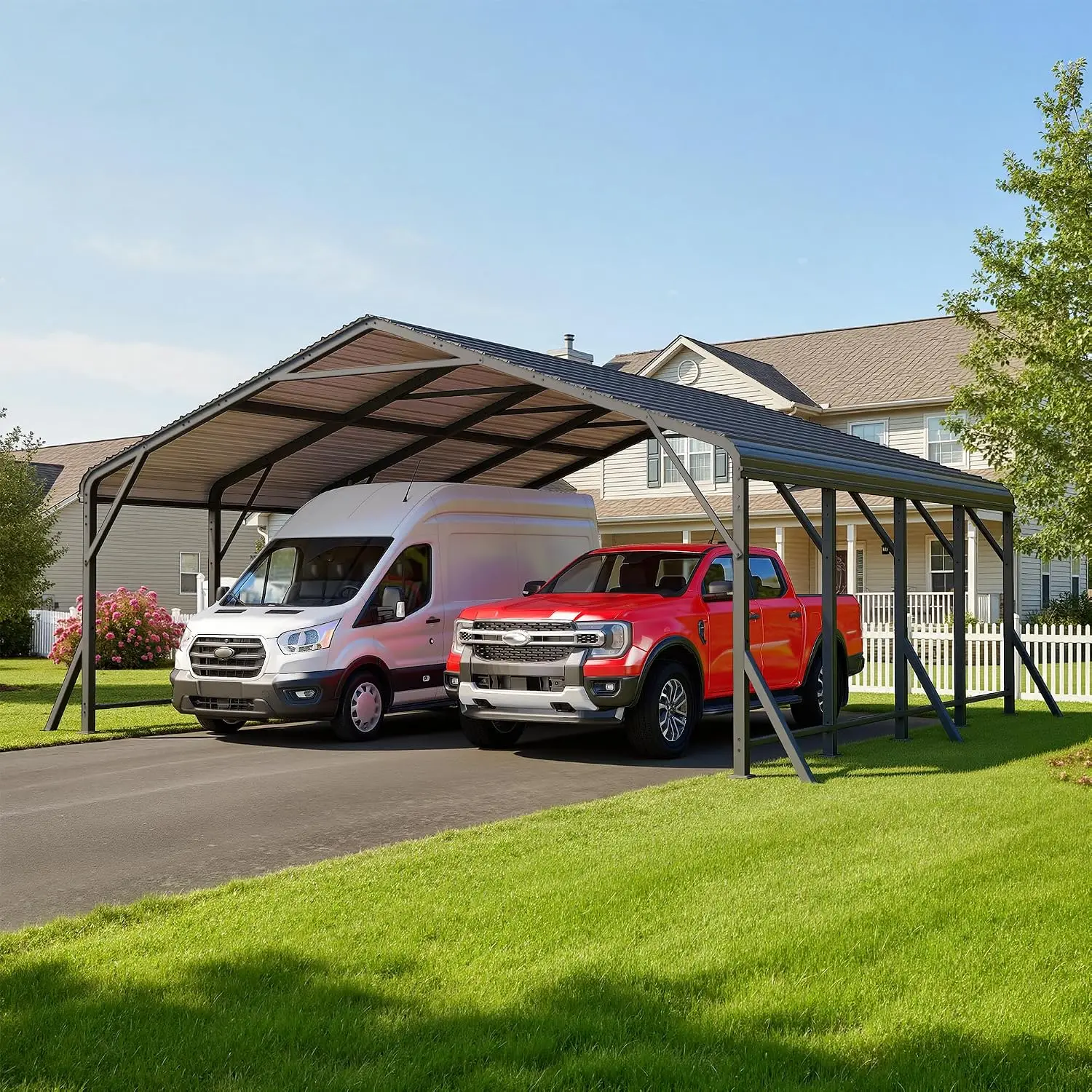 20' x 20' Carport, Metal Carport with Updated Roof & Enhanced Base, Heavy Duty Canopy Carports Garage, Vertaile for Car, Truck,