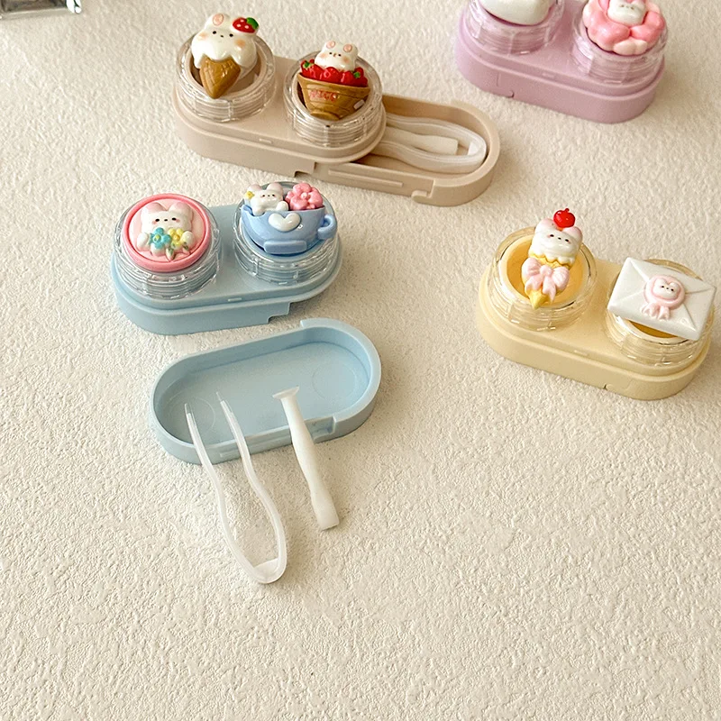 علبة عدسات لاصقة على شكل قطة كرتونية، صندوق عدسات لاصقة صغير محمول مع مجموعة عصا شفط الملقط، تخزين عدسات السفر للنساء والفتيات #3