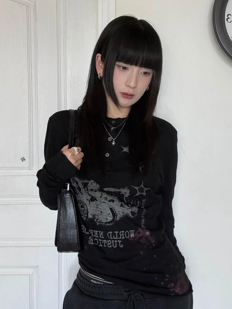 

Subculture Black Long Sleeve Print T-shirts Gothic Autumn Vintage O-neck New Tees Women Design Y2k Hot Girl Slim Darkly Clothing