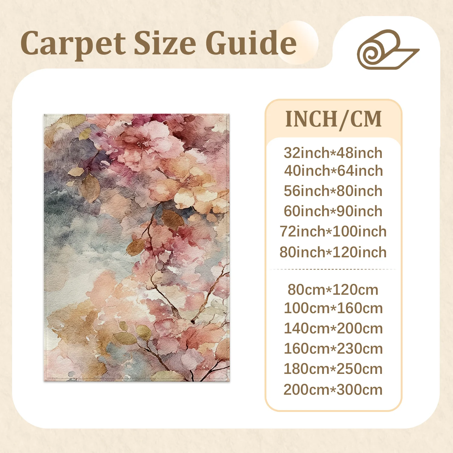 Large Indoor Area Rug - Soft Velvet Low Pile with Non-slip Dotted Backing, Machine Washable Watercolor Floral Blossom Rug for Living Room & Bedroom, Muted Pink & Neutral Tones for Cozy Home Decor