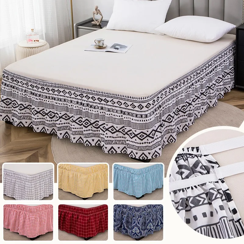 Boho Printed Wrap Around Bed Skirt 15inch Drop Ruffled Elastic Bed Skirting Dustproof Bed Base Cover for Bedroom Decoration