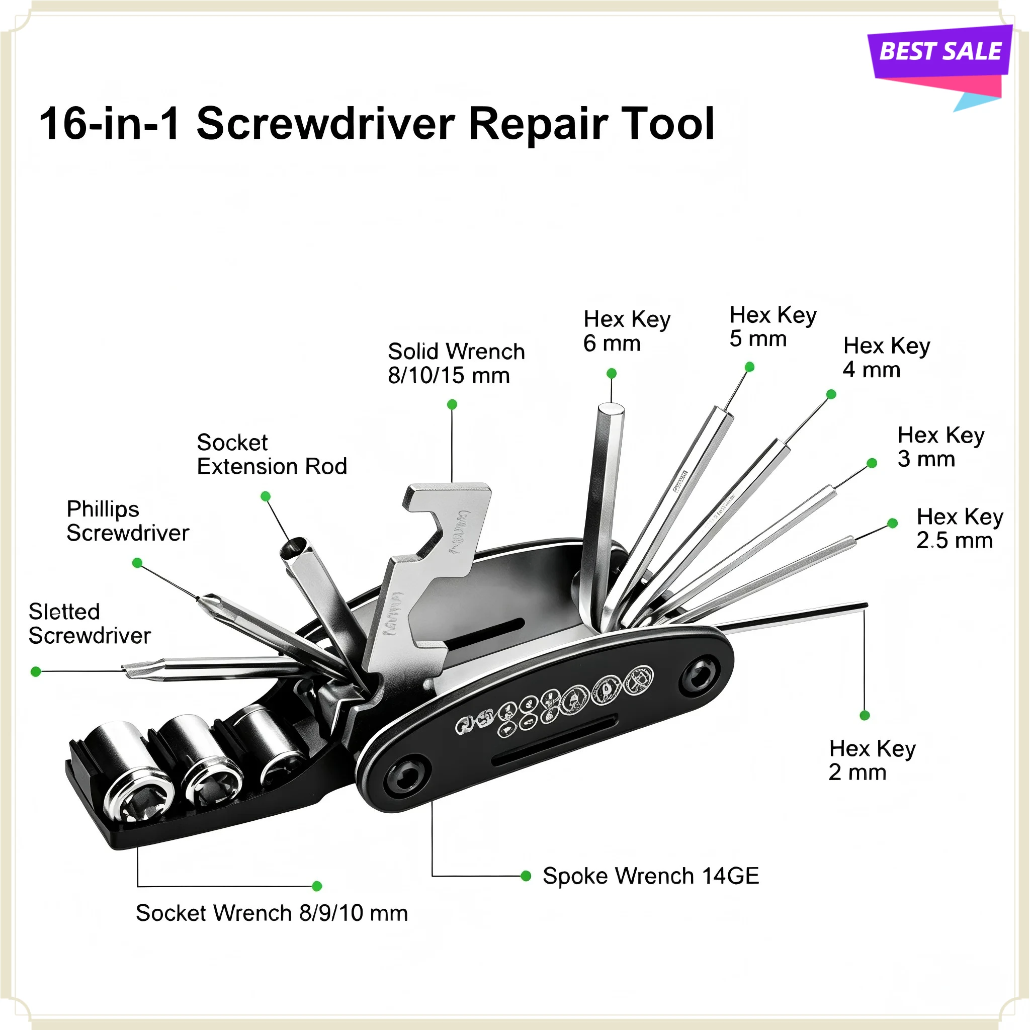 16 In 1 Rotating Head Socket Wrench Set, Non‑Slip Stainless Steel Universal Hand Tool for Household Auto Maintenance