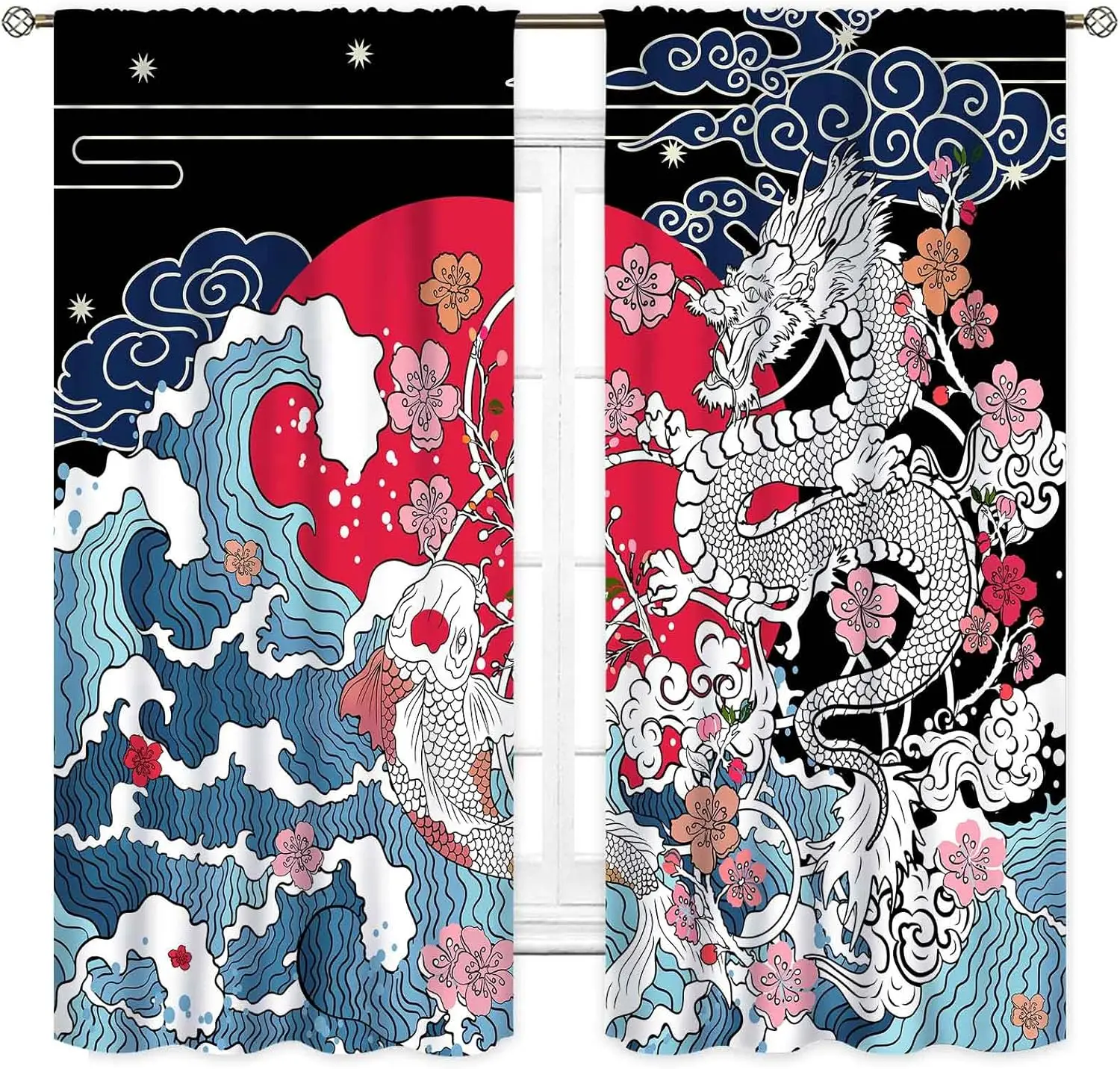 Large Anime Japanese Style Dragon Koi Fish Water Wave Curtain Panel Polyester Room Window Backdrop Decorative Curtains