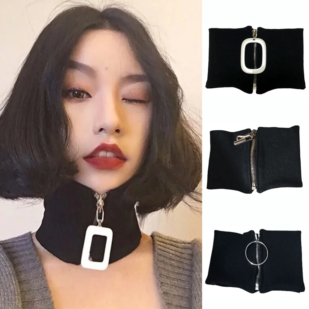 

Elastic Knitting Fake Collar Fashion Detachable Neck Protector Fake Collar Ring Big Buckle Zipper Thread Neck Sleeves