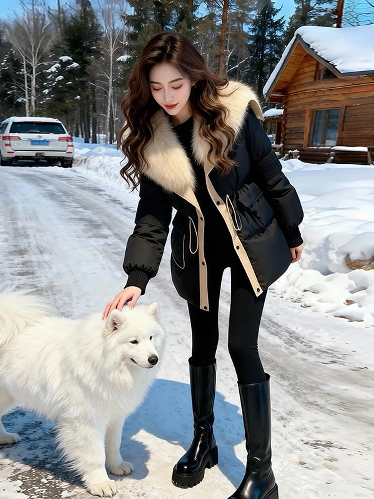 Fashionable Color Block Waist-Cinching Removable Fur Collar Cotton Jacket Women's Autumn Winter New Design Warm Parka Coat