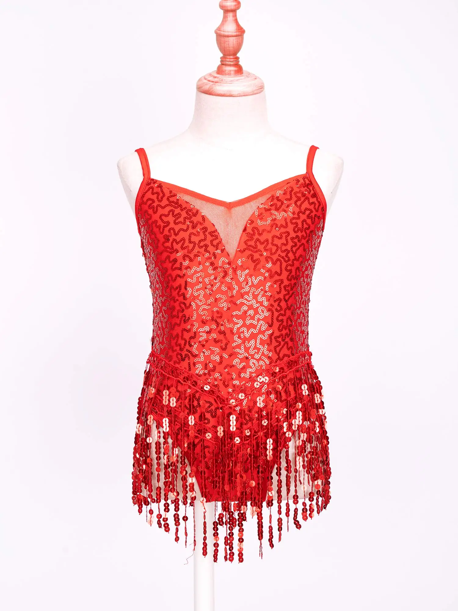 เด็กสาว Sequins พู่ Leotard Bodysuit Latin Jazz Dance ยิมนาสติกบัลเล่ต์ Fringed Leotard Jumpsuits สำหรับประสิทธิภาพ