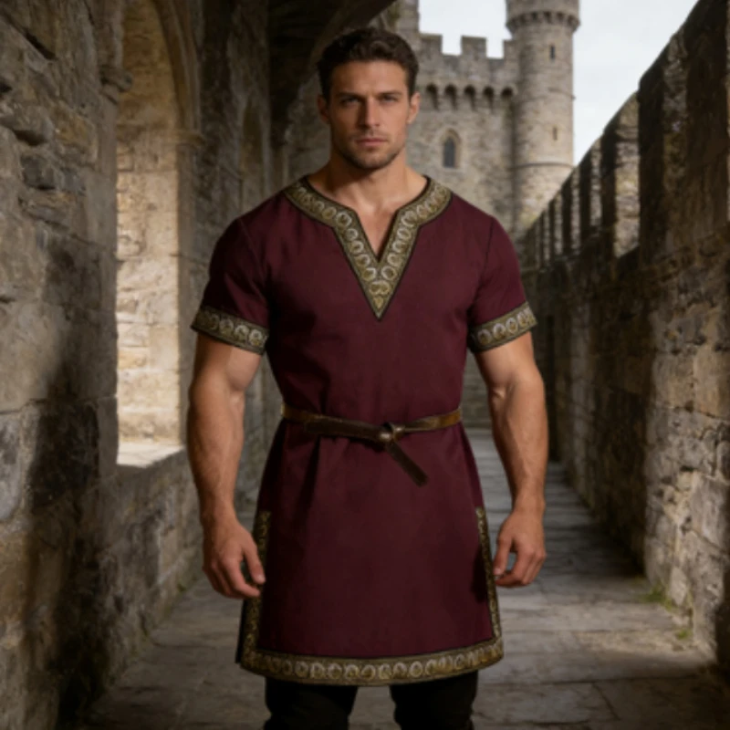 

Men's Medieval Short Sleeve V-Neck Tunic, Renaissance Cosplay Costume for Halloween Party LARP