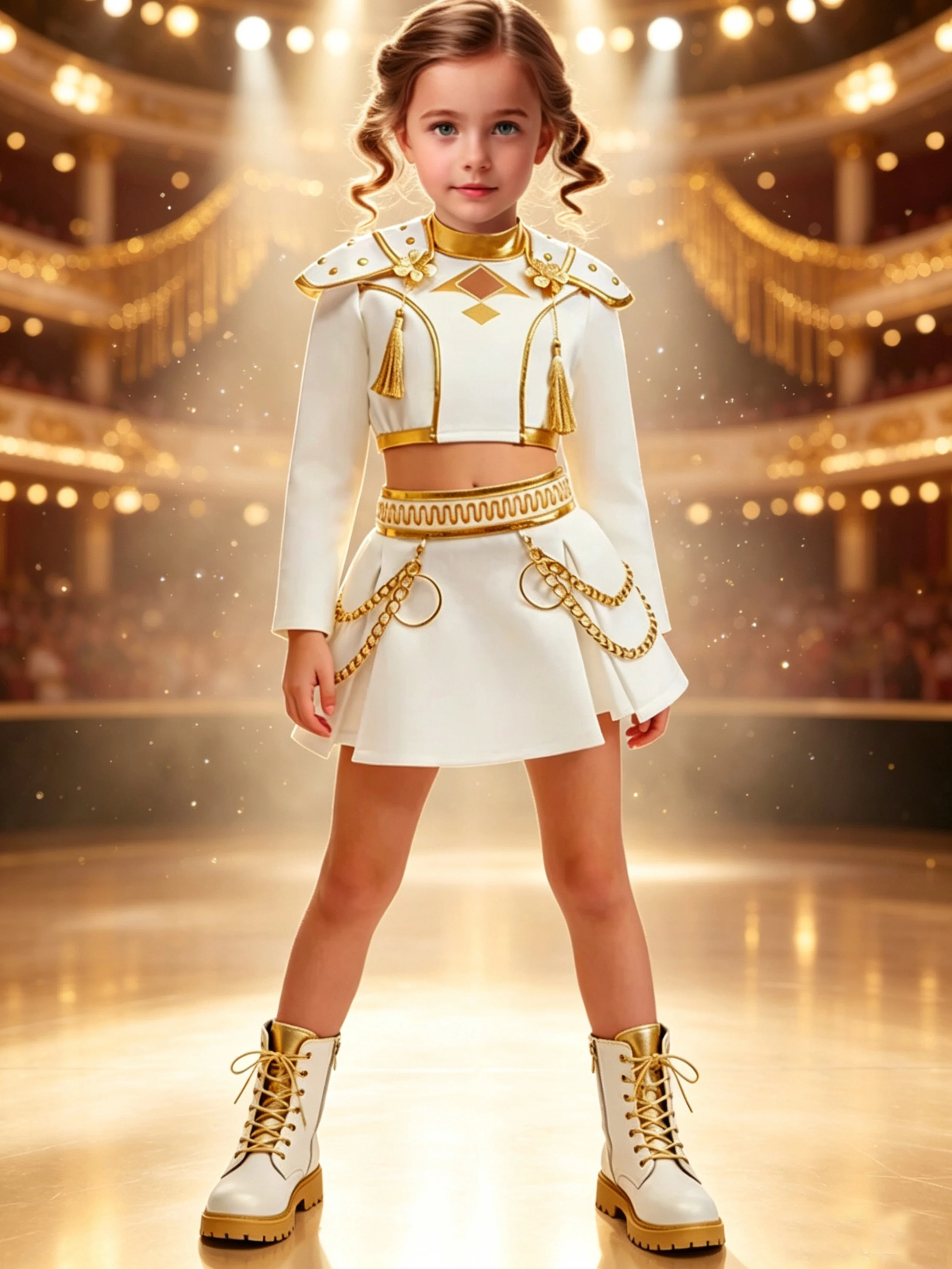 Girls White Gold Stage Performance Costume Kids Long Sleeve Crop Top Skirt Set Dance Outfit Halloween Party Fancy Dress Uniform
