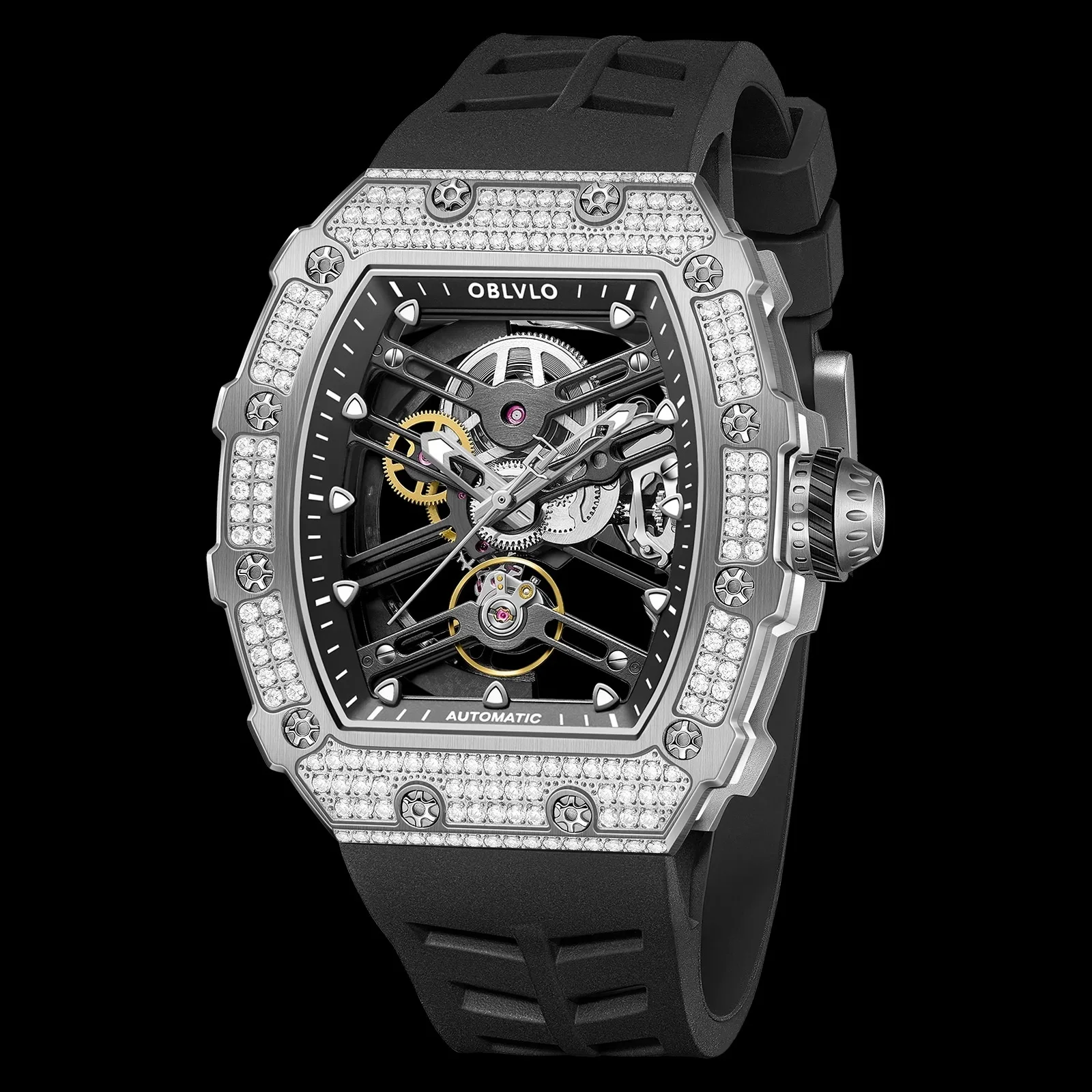 OBLVLO ساعة أوتوماتيكية للرجال 50.8 مللي متر * 43 مللي متر ميكانيكية تونيو ساعة اليد الجوف خارج الهاتفي 50 متر مقاوم للماء الياقوت مضيئة