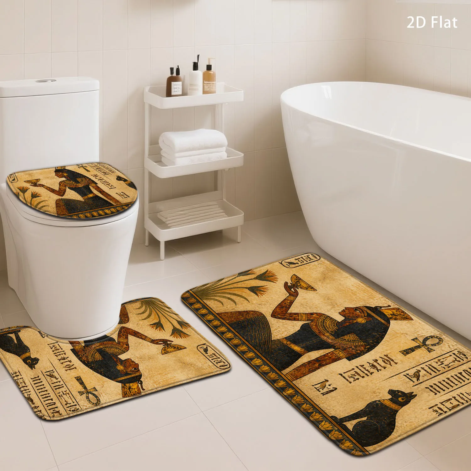 2D Flat Ancient Egyptian Mural Pattern Bathroom Mat Set, 3pcs, Vintage Hieroglyph Cat Decor for Bathroom