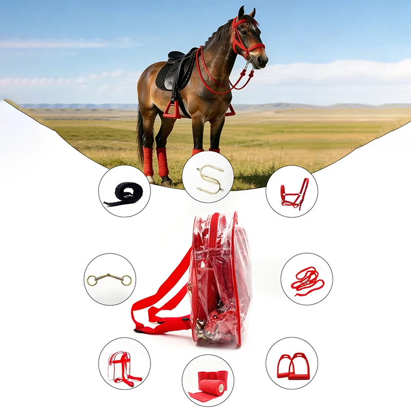 8 Pcs Pro Horse Tack 8Pcs Set – Bridle, Bit, Spurs, Stirrups, Leg Wraps, Lead Rope, Storage Bag, 3 Colors, Riding Training Gear