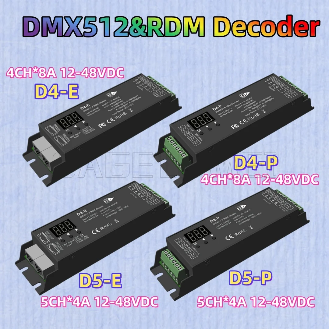 Skydance D4-E/P D5-E/P CV DMX512&RDM Decoder 4Channel PWM Controller Digital Display XLR3 RJ45 For RGB RGB+CCT Tape DC12-36V/48V