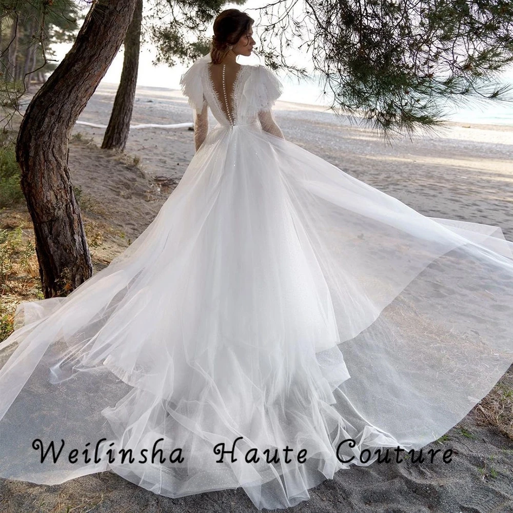 Weilinsha Deep V Neck Glitter Wedding Dresses for Ladies 2022 New Fulll Sleeve Bridal Gowns with Lace A Line Robe De Mariée