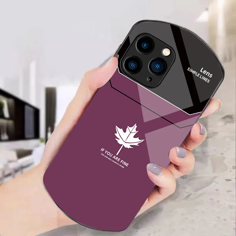 Far Peak Blue Maple Leaf For Iphone 11 12 13 14 15 Pro Max Plus Mini 7 8 Se 2020 X Xs Xr Elliptical Tempered Glass Phone Case