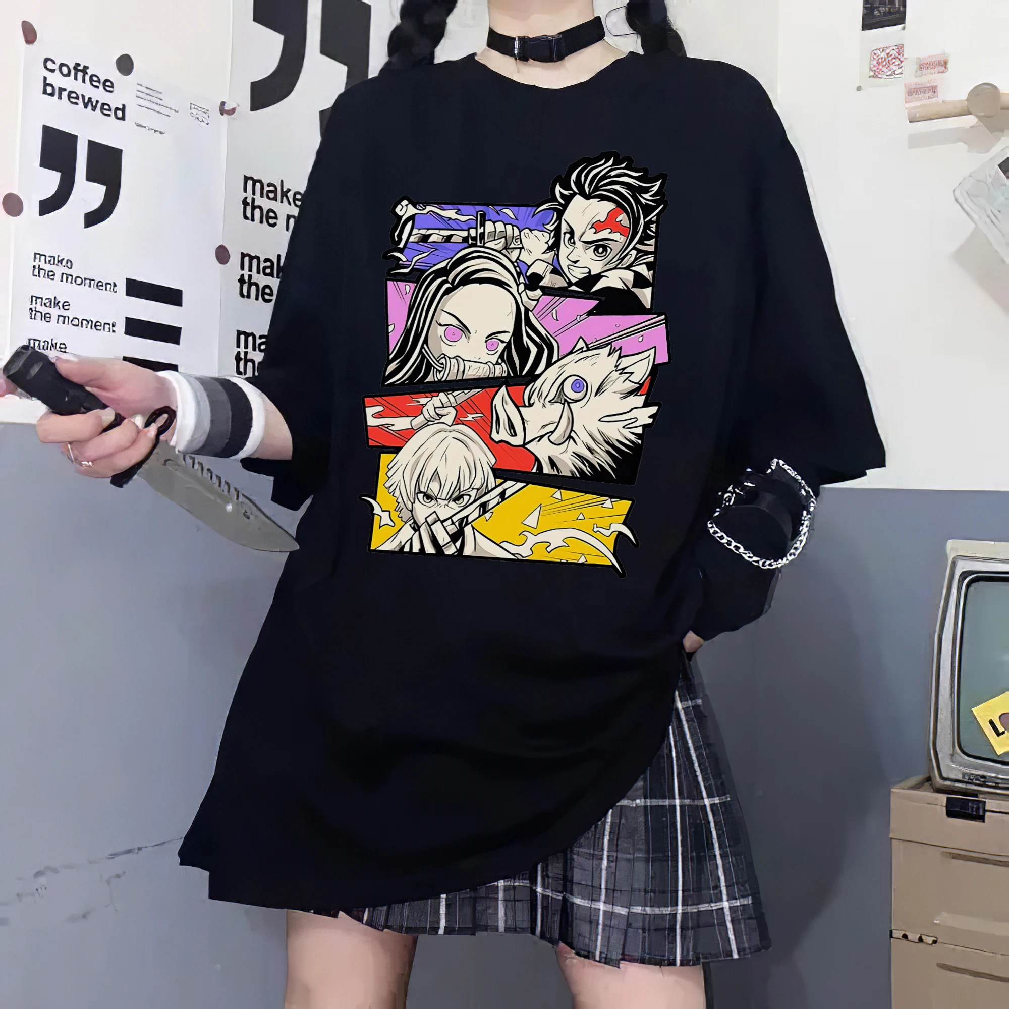 Camiseta de manga corta con estampado de Demon Slayer para mujer, blusa de dibujos animados, ropa de verano