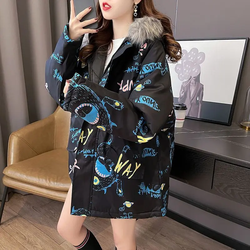 2025년 신상 여성 겨울 다운 코튼 코트, 여성용 만화 프린트 소매 파카, 두꺼운 아우터 탑