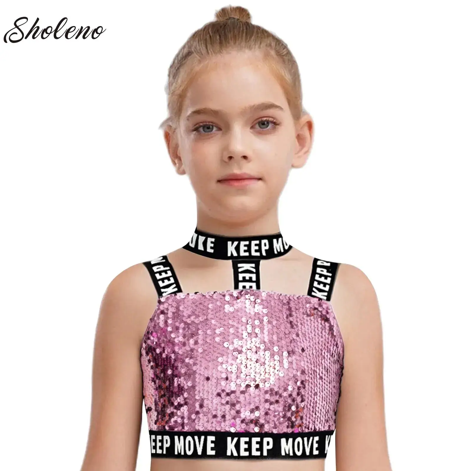 

Kids Girls Hip-hop Jazz Dance Vest Sequin Cheerleading Stage Costume Teens Crop Tank Tops for Rave Modern Street Dance Clothes