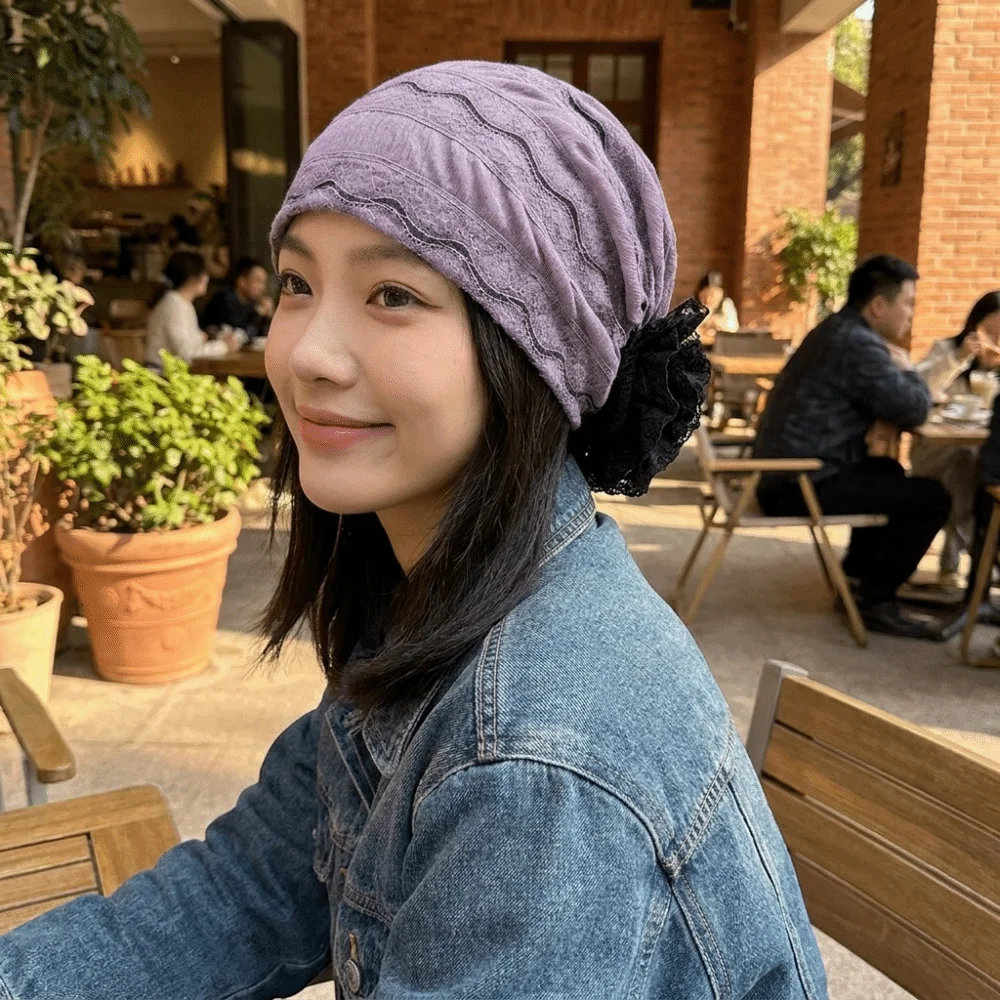 Elastic Flower Lace Turban Caps Embroidery Adjustable Head Wraps Hat Breathable Lightweight Cancer Chemo Hat Daily Wear