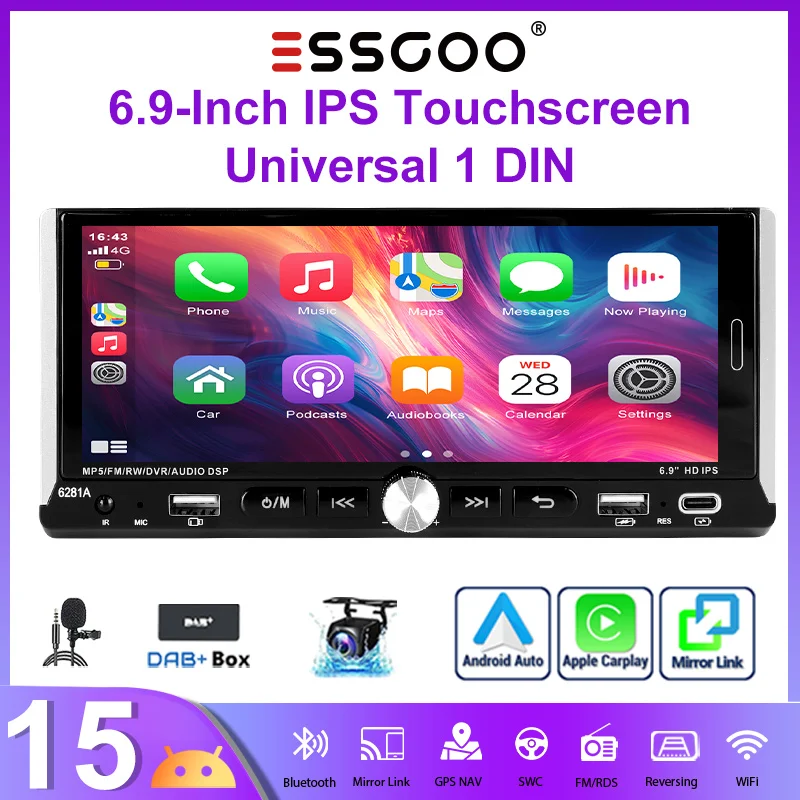 Universelles Autoradio ESSGOO Android15 6,9 Zoll 4+64 GB 1 DIN Kabelloses CarPlay Bluetooth Android Auto GPS-Navigation WiFi FM RDS 2+64 GB Lenkradsteuerung Mirror Link Touchscreen