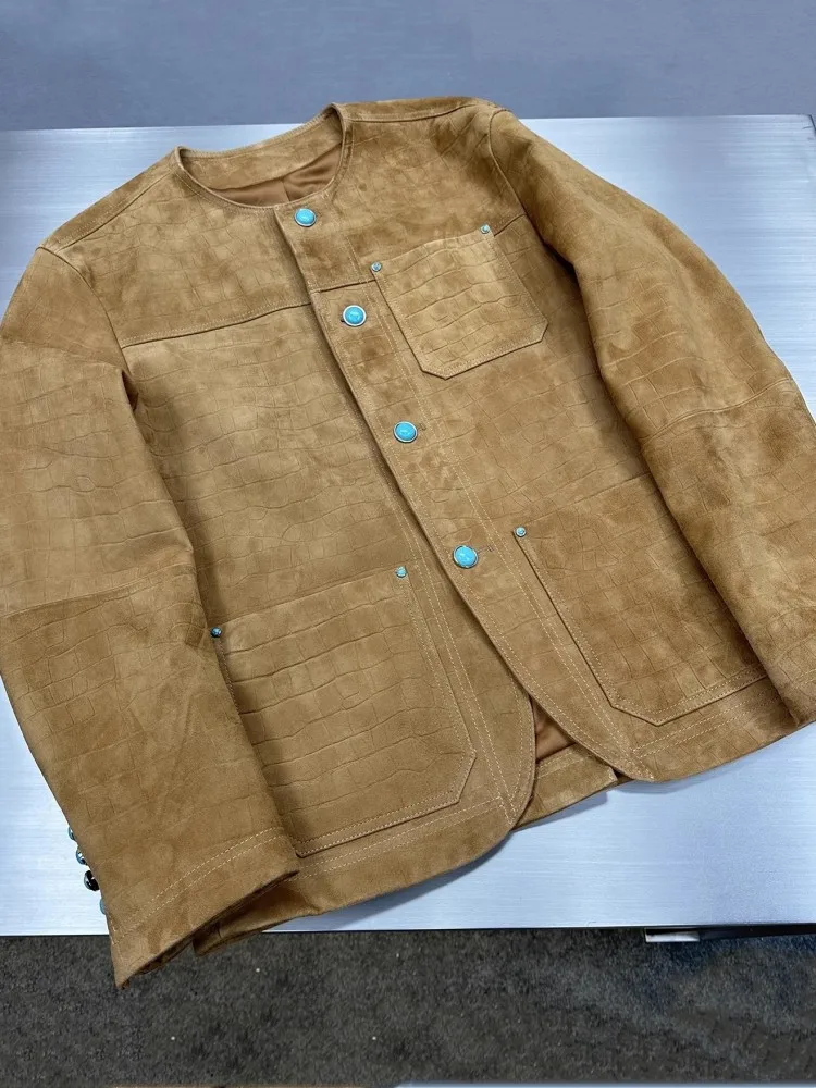 High Quality Genuine Leather Jacket Men O Neck Single Breasted Autumn Loose Fit Long Sleeve Vintage Design Suede Sheepskin Coat