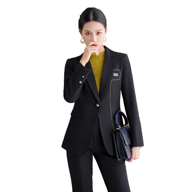 

Fashion Beige Black Office Ladies Pant Suit Formal Women Female Single Button Blazer And Trouser Business Work Wear 2 Piece Set