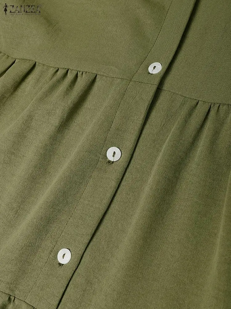 Zanzea vestido feminino casual linha a em camadas, outono 2021, cor sólida, decote em v, manga larga, meio botões, midi, vestido longo