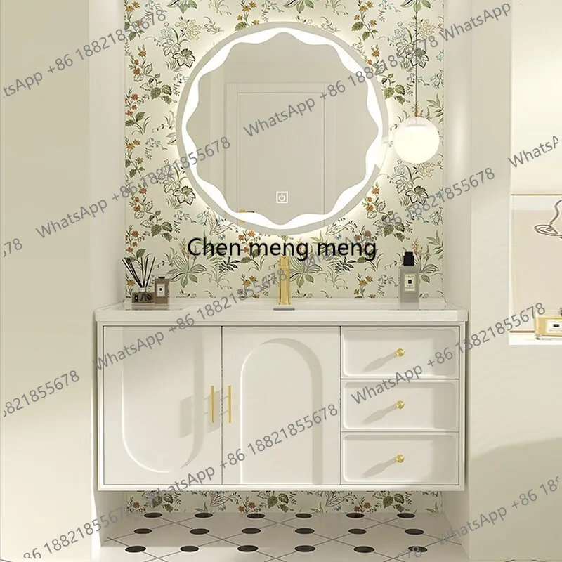 

French light luxury bathroom cabinet Cream wind bathroom cabinet Ceramic integrated basin Wash table
