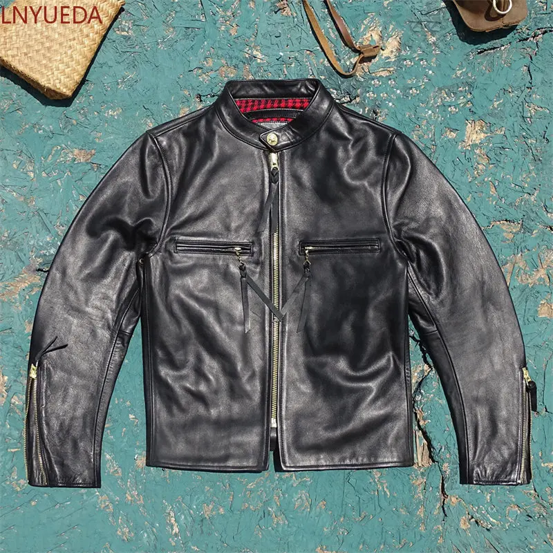 Men J100 Uncoated Top Grain Ponyhide Leather Jacket Stand Collar Slim Fit Spring Business Casual Stylish Genuine Leather Coat