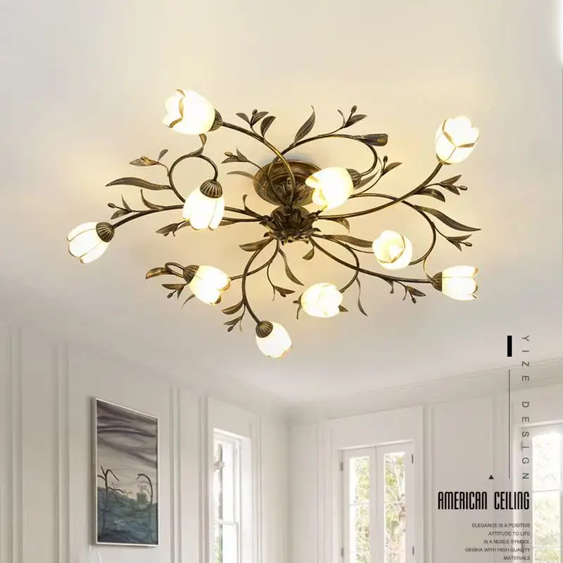 Retro American Style Wrought Iron Ceiling Light Simple Creative Flower Design For Living Room Dining Room Bedroom
