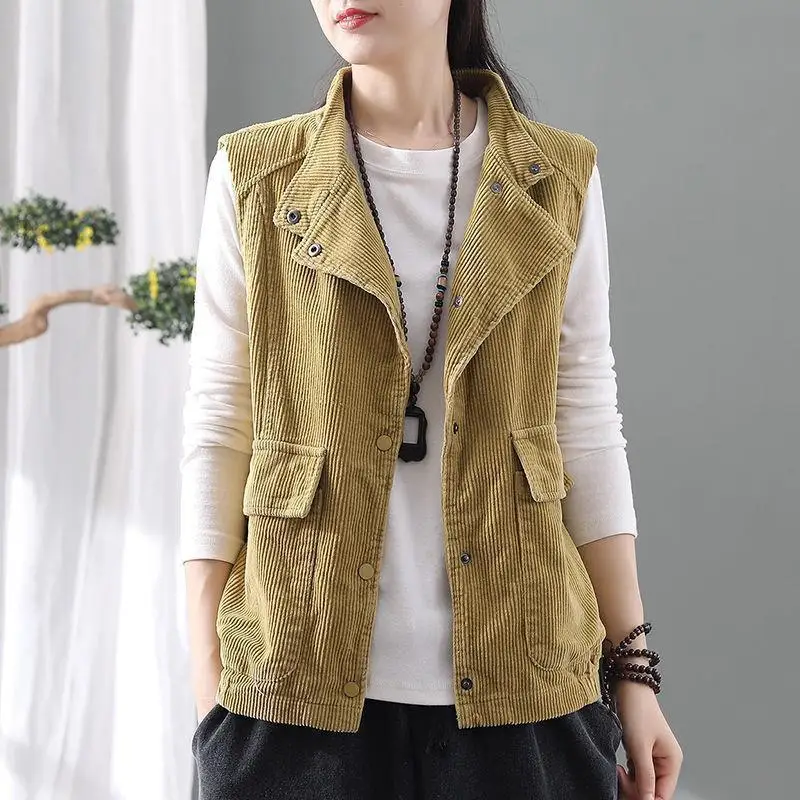 Retro Stand Collar Corduroy Vest Autumn Winter New Women's Solid Color Pockets Sleeveless Covered Button Versatile Cardigan Tops