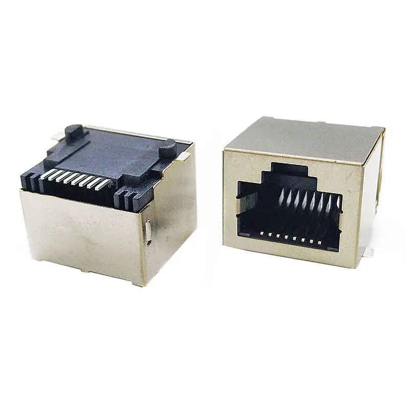 

10PCS RJ45 network port surface mount type, no indicator light, copper shell, no spring, 90-degree SMT pins, bottom plastic feet