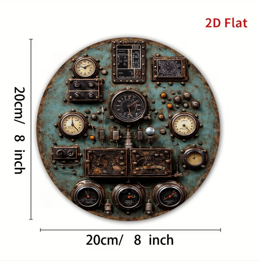 2D Flat Retro Dashboard Round Aluminum Sign - Steampunk Control Panel Wall Decor for Bar Cafe Workshop Home Office Gift view 2