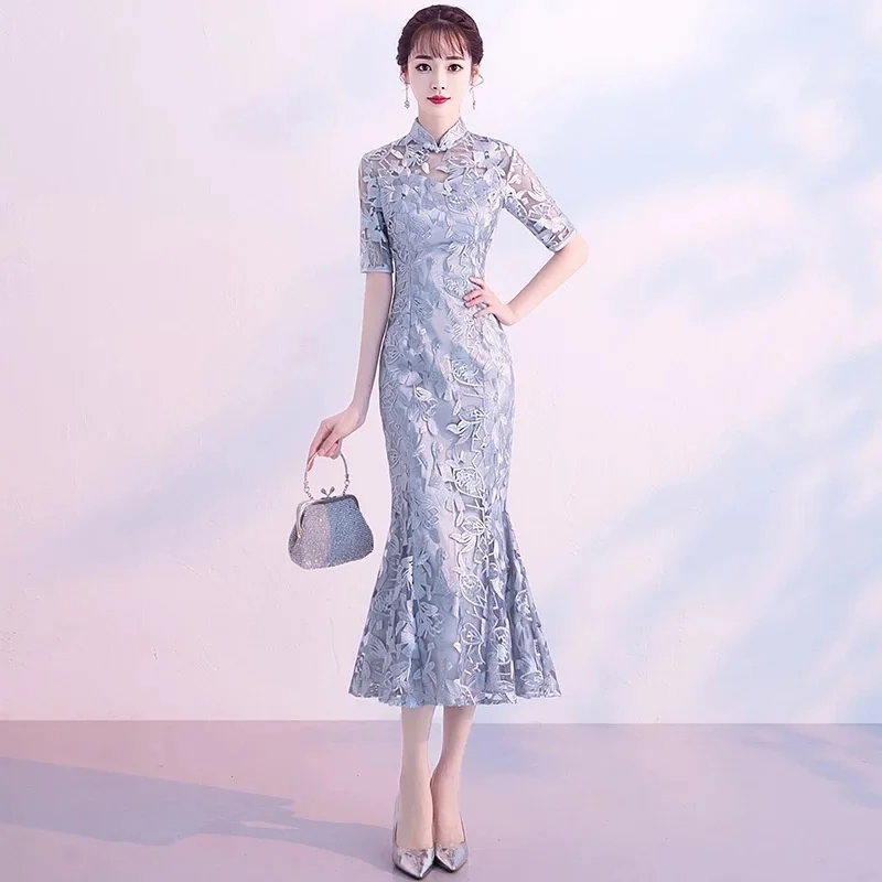 

New Long Cheongsam Women's Summer Lace Hollow Fishtail Chinese Wedding Dress Qipao Plus Size Dresses for Women