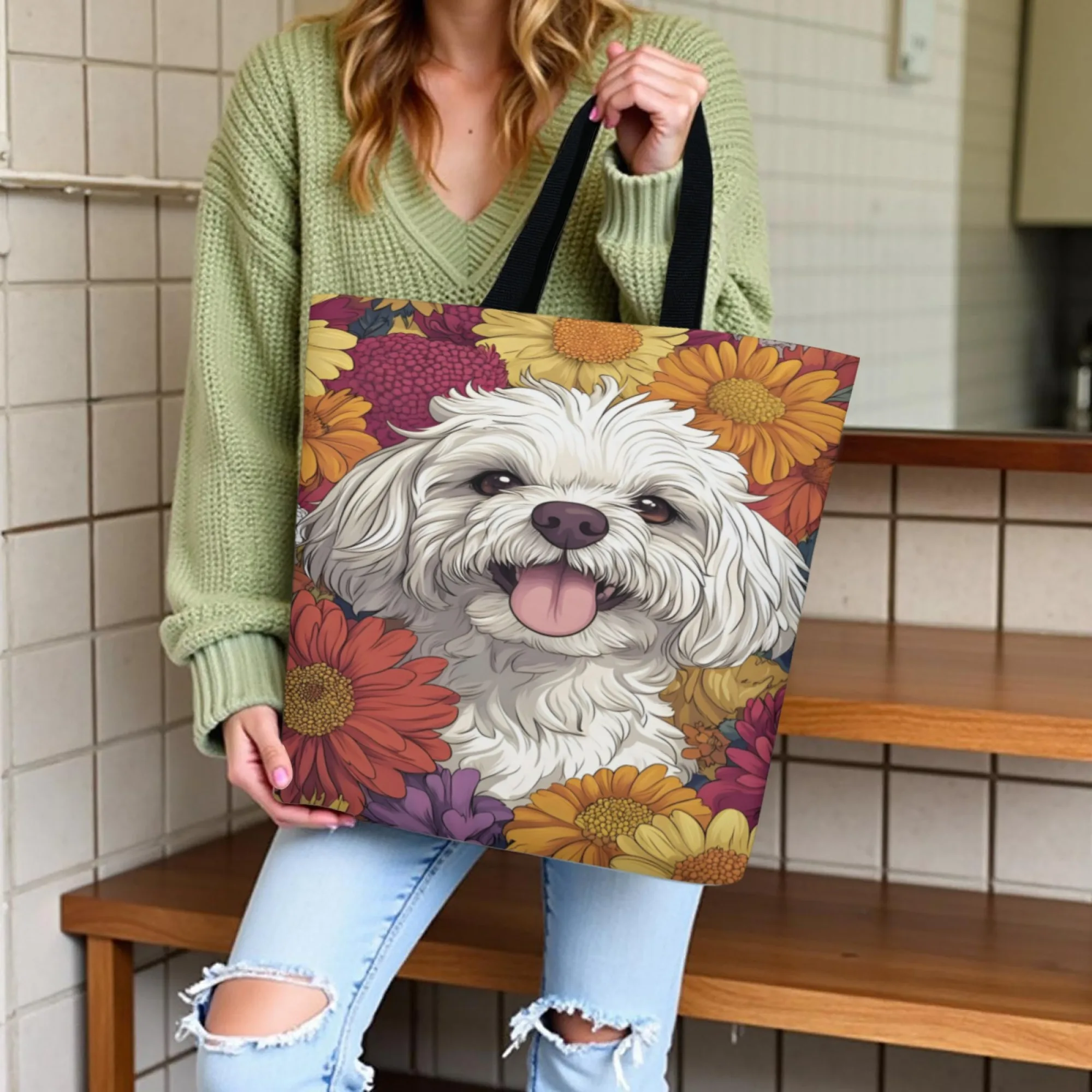 Bolso de mano de lona con estampado de perro de peluche blanco estilo estampado simple, bolso de hombro de gran capacidad, perfecto para ir de compras, comestibles, uso diario