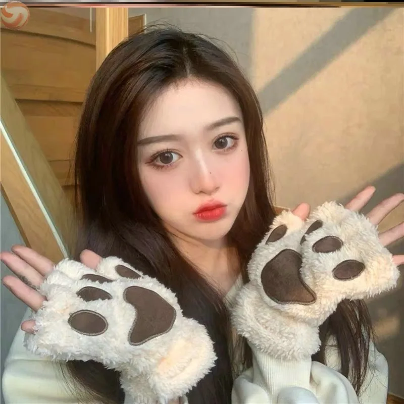 Lovely Plush Cat Claw Paw Gloves Plush Mittens Warm Soft Plush Short Fingerless Fluffy Bear Gloves Costume Half Finger Gloves