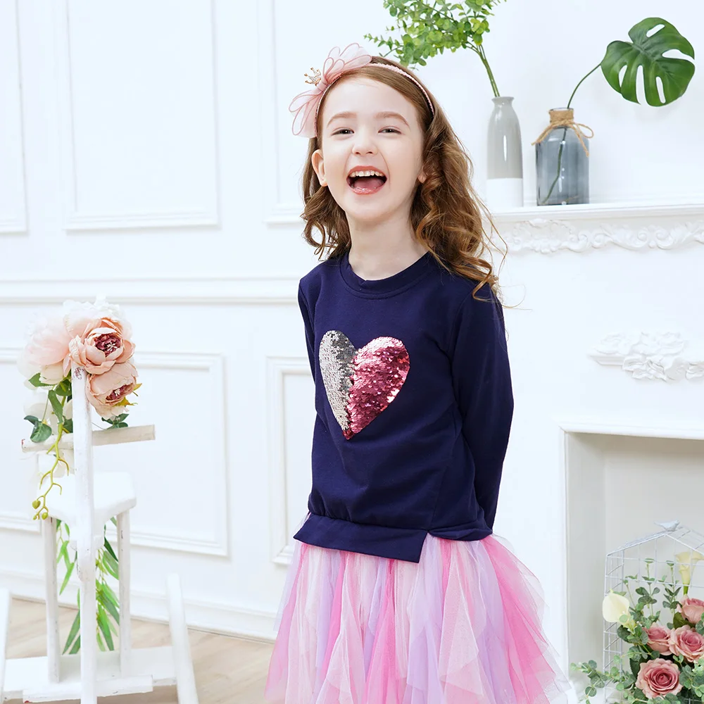 VIKITA Mädchen Hoodies Kleid Kinder Herzform Flipable Pailletten Applizierte Patchwork Kleid Mädchen Tüll Mesh Layered Tutu Kleider – Detail 6