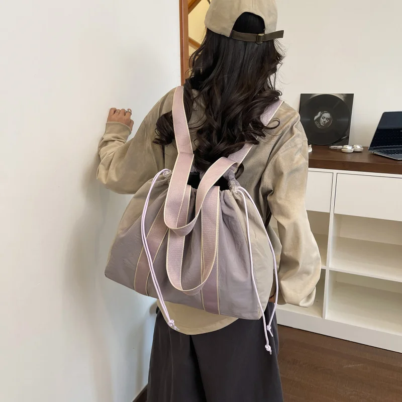 Multifunctional color-blocked women's backpack with large capacity, drawstring tote bag, lightweight casual commuter backpack, m