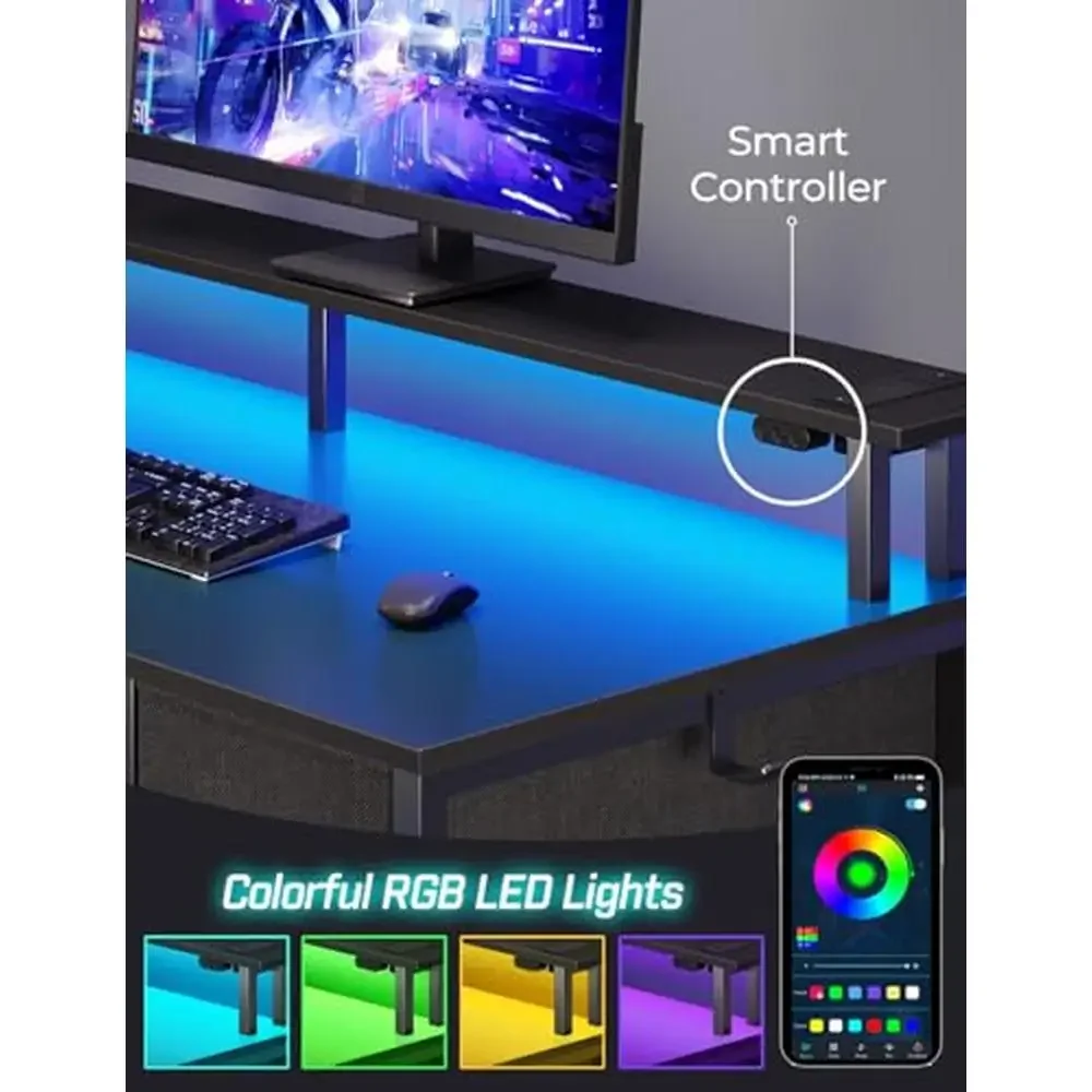 Desk with Power Outlets & LED Light 39" Home Office Writing Desk 5 Drawers Monitor Stand Keyboard Tray Gaming Desk Top Organizer